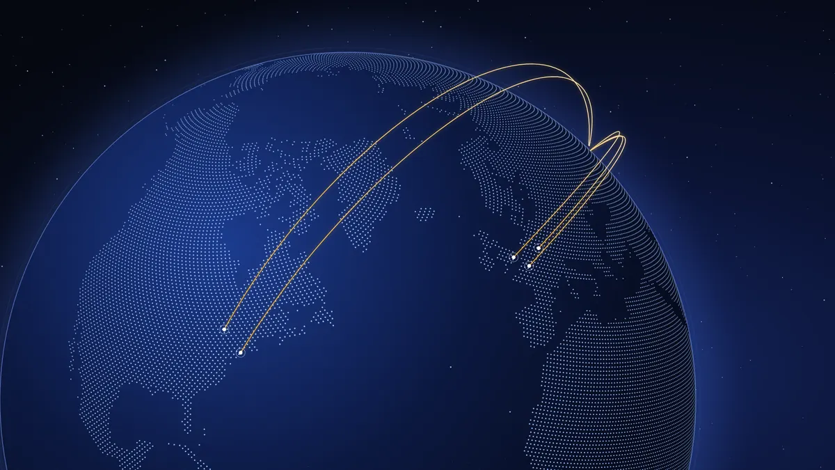 Dotted globe centred on North America with connection arcs to India