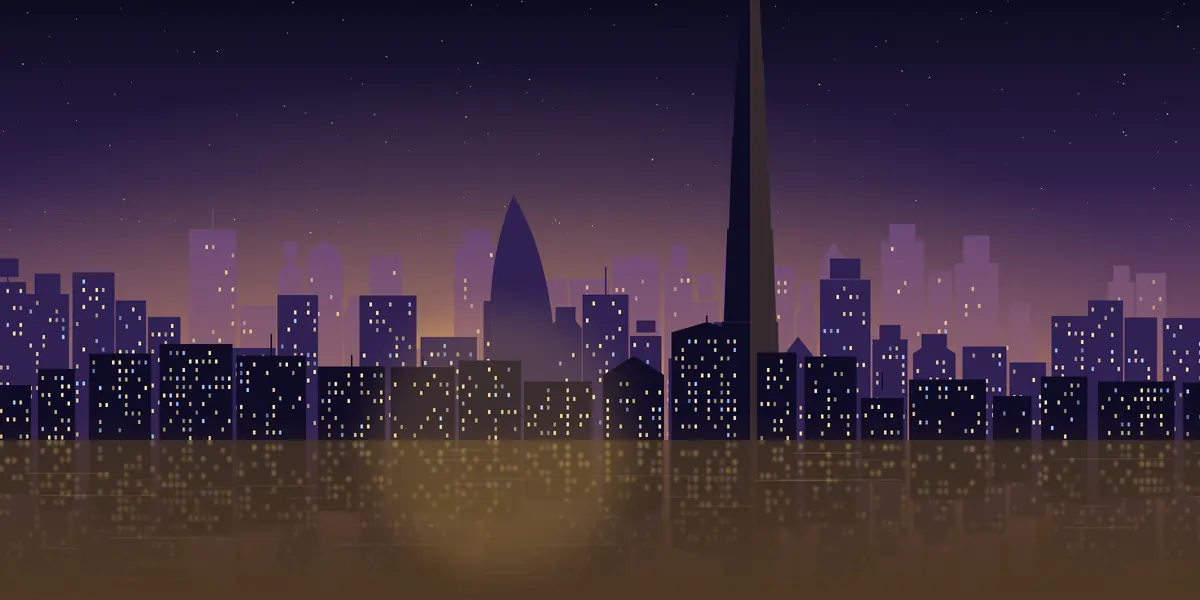 Illustrated Dubai skyline at dusk
