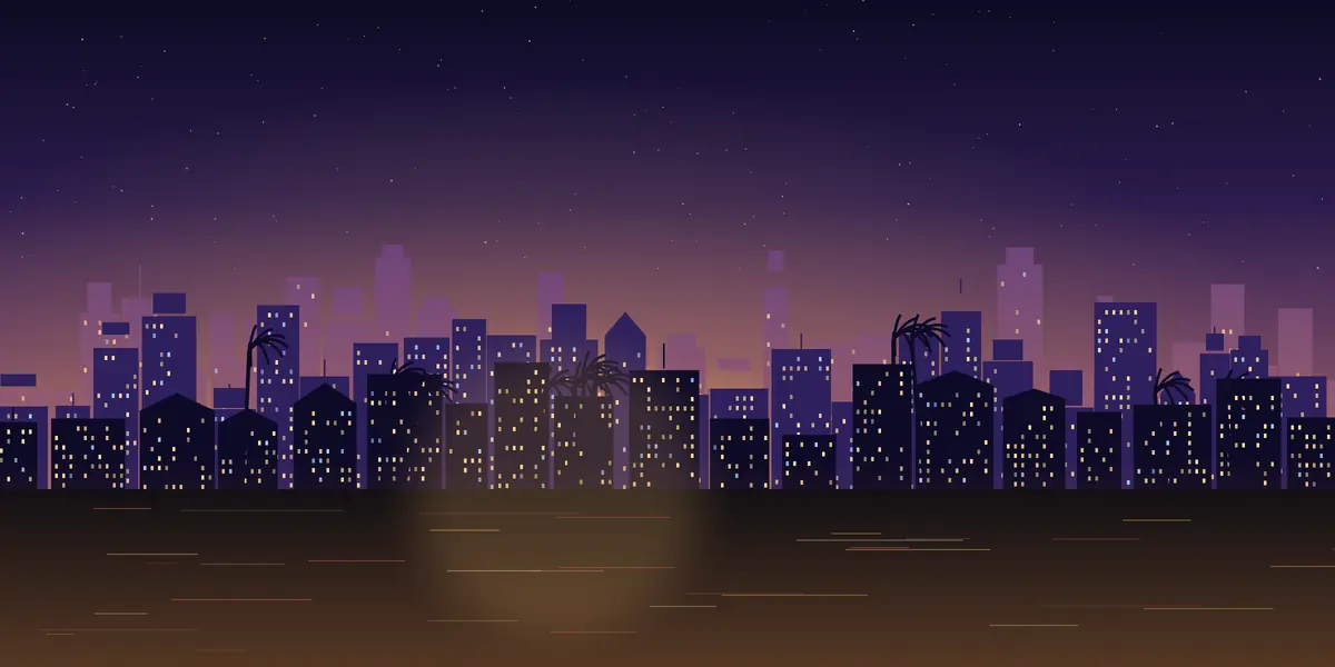 Illustrated Indian city skyline at dusk